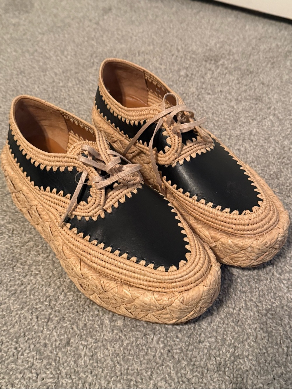 Robert Clergerie Black and Natural Woven Platform Loafers